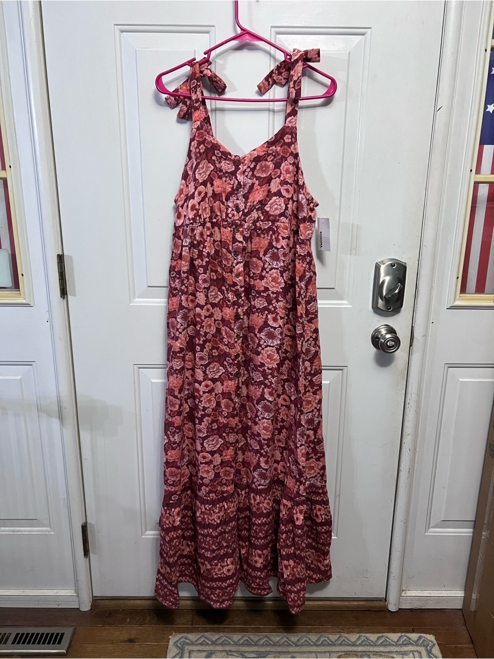 Sonoma Maternity S NWT Floral Maxi Dress Burgundy Pink Button Front Tie Shoulder